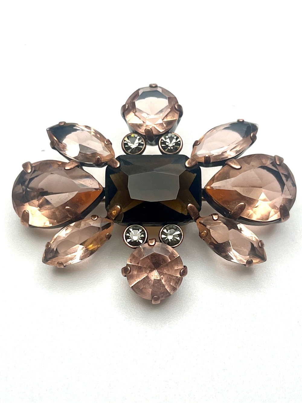 vintage style statement Brooch Champagne Smoky Rhinestones Copper Tone. Y2K